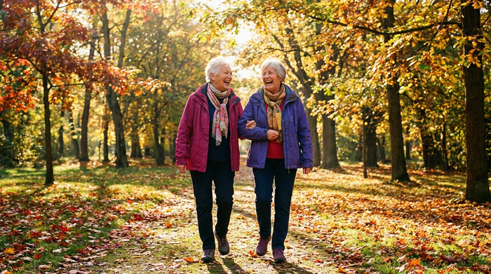 Zwei rüstige Seniorinnen spazieren lachend durch einen sonnigen Park, umgeben von herbstlichen Bäumen. Sie strahlen Vitalität und Lebensfreude aus.