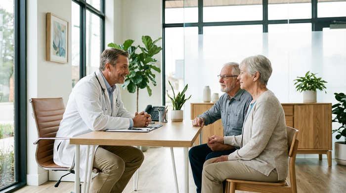 Ein fürsorglicher Arzt in einem weißen Kittel sitzt am Schreibtisch einer modernen, hellen Praxis und spricht einfühlsam mit einem älteren Ehepaar. Die Atmosphäre ist vertrauensvoll und ruhig.