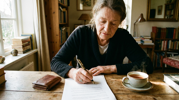 Eine ältere Dame sitzt an einem Holztisch und füllt mit einem edlen Füllfederhalter konzentriert ein Dokument aus. Neben ihr liegt ihr Portemonnaie und eine dampfende Tasse Tee.