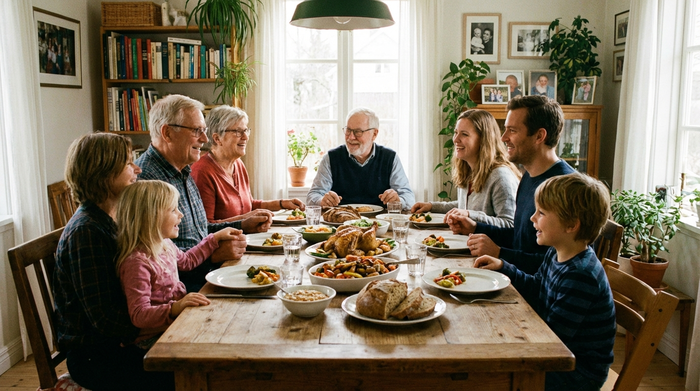Eine harmonische Familie mit Großeltern, Eltern und Enkelkindern sitzt gemeinsam an einem großen Esstisch. Sie unterhalten sich angeregt und blicken sich liebevoll an.