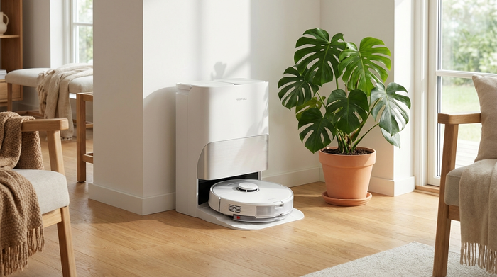 Ein moderner Saugroboter parkt an einer hohen, eleganten Absaugstation in einer hellen Raumecke. Die Station steht auf einem sauberen Hartboden neben einer großen Zimmerpflanze. Das Design ist minimalistisch und fügt sich harmonisch in das wohnliche Ambiente ein.