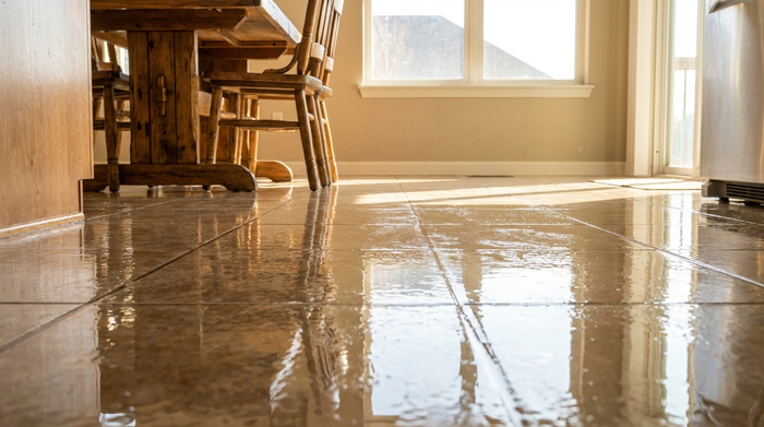Ein frisch gewischter, glänzender Fliesenboden in einer sonnendurchfluteten Küche. Die feuchte Oberfläche reflektiert das Licht stark und wirkt sehr glatt. Im Hintergrund steht ein sicherer, stabiler Küchenstuhl aus Holz.