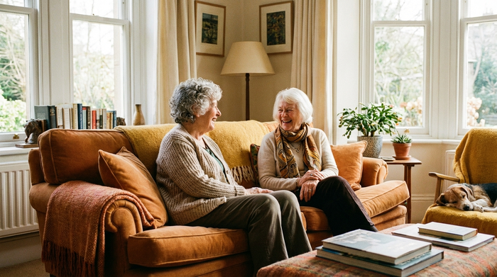 Zwei ältere Frauen unterhalten sich entspannt auf einem gemütlichen Sofa in einem hellen Wohnzimmer. Warme Farben, friedliche Atmosphäre, realistische Fotografie ohne Text.