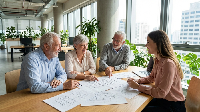Drei Senioren sitzen mit einer jüngeren Beraterin an einem Tisch und betrachten Grundrisse eines Hauses. Konzentrierte, aber positive Stimmung in einem hellen Büro.