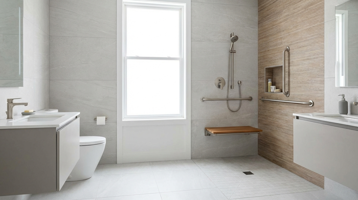 Ein modernes, helles und barrierefreies Badezimmer mit einer bodengleichen Dusche, einem Duschsitz und eleganten Haltegriffen. Stilvolle Fliesen, sauberes und sicheres Ambiente.