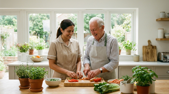 Eine freundliche Pflegekraft hilft einem lächelnden älteren Herrn beim Zubereiten von frischem Gemüse in einer geräumigen Küche. Respektvoller Umgang, saubere und helle Umgebung.