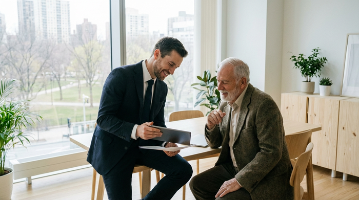 Ein fokussierter Berater im Anzug bespricht in einem modernen, hellen Büro freundlich Details mit einem aufmerksamen Senior. Sanftes Tageslicht fällt durch ein großes Fenster.