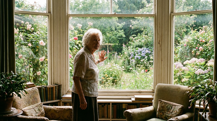 Eine nachdenkliche ältere Dame steht an einem großen Fenster und blickt friedlich in einen grünen, blühenden Garten. Die Szene strahlt Ruhe, Lebenserfahrung und innere Klarheit aus.