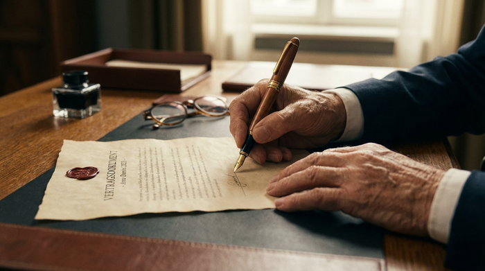 Nahaufnahme von gepflegten Händen einer älteren Person, die mit einem eleganten Füllfederhalter ein wichtiges Papier auf einem aufgeräumten Schreibtisch unterschreibt. Warmes Licht und eine seriöse Atmosphäre.