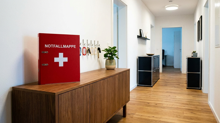 Eine ordentliche, rote Notfallmappe liegt gut sichtbar auf einem stilvollen Sideboard im Flur eines aufgeräumten Hauses. Daneben liegen ordentlich sortierte Schlüssel und eine kleine grüne Pflanze.
