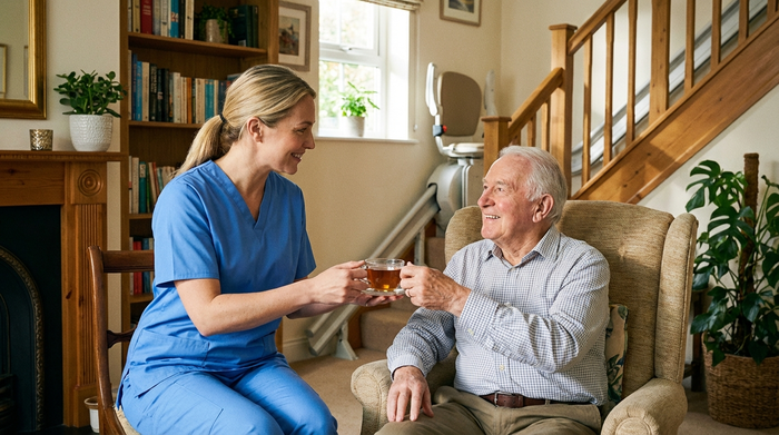 Eine freundliche Pflegekraft in sauberer Kleidung reicht einem lächelnden älteren Herrn eine Tasse Tee in seinem gemütlichen Zuhause. Im Hintergrund ist diskret ein moderner Treppenlift erkennbar.