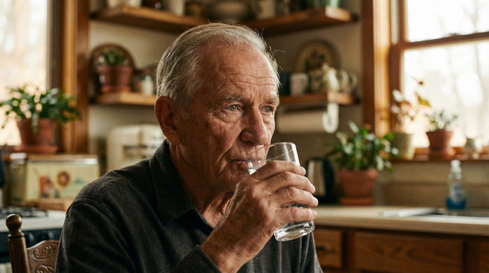 Nahaufnahme eines älteren Mannes, der nachdenklich ein Glas Wasser in der Hand hält. Im Hintergrund unscharf eine gemütliche Küche. Realistische, warme Beleuchtung, Fokus auf die Mimik, ohne Text.