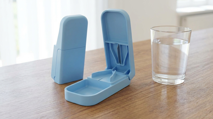 Ein professioneller, sauberer Tablettenteiler aus hellblauem Kunststoff liegt auf einem Holztisch neben einem Glas Wasser. Klare Linien, medizinischer Kontext, helles Tageslicht, fotorealistisch, keine Schriftzüge.