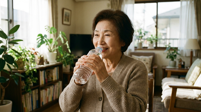Eine ältere Dame trinkt aus einer flexiblen PET-Flasche, den Kopf leicht nach vorne geneigt. Helle, freundliche Wohnzimmerumgebung, realistische Szene, Fokus auf die sichere und korrekte Trinkhaltung, ohne Text.