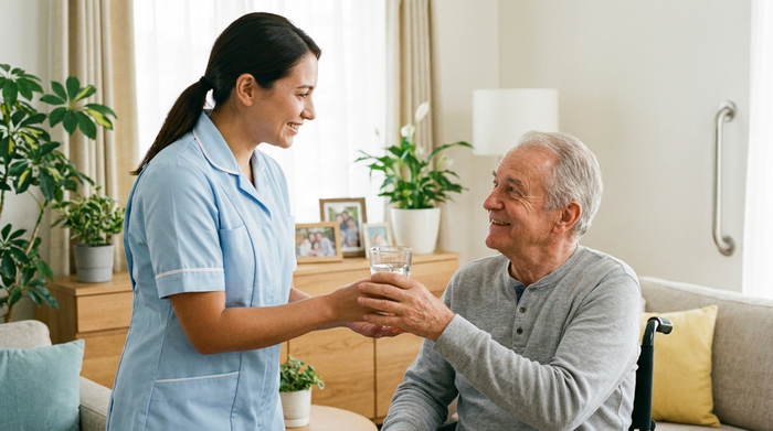 Eine freundliche Pflegekraft im hellblauen Kasack reicht einem lächelnden Senior ein Glas Wasser. Vertrauensvolle Atmosphäre, helles und aufgeräumtes Zimmer, Fokus auf Fürsorge und Sicherheit, ohne Text.