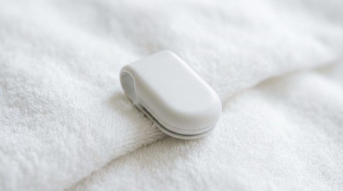 Ein diskreter, kleiner weißer Sensor-Clip, der auf einem sauberen, weichen weißen Stoff liegt. Makroaufnahme, weiches Licht, sehr sauber und hygienisch, ohne Text oder Logos.