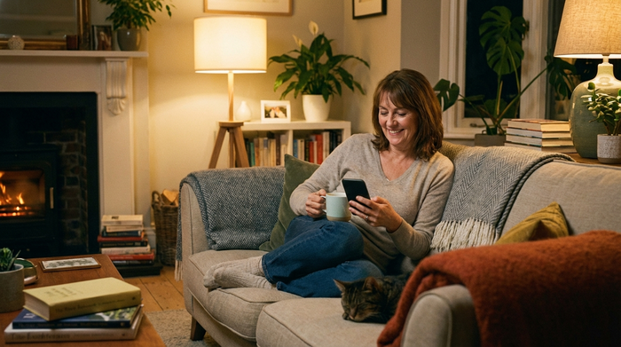 Eine entspannte Frau mittleren Alters sitzt abends gemütlich mit einer Tasse Tee auf dem Sofa und schaut beruhigt auf ihr Smartphone. Warmes Wohnzimmerlicht, gemütliche und stressfreie Atmosphäre.