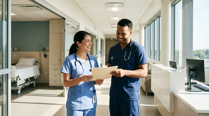 Zwei professionelle Pflegekräfte besprechen sich lächelnd auf dem hellen Flur einer modernen Pflegeeinrichtung. Im Hintergrund sind saubere Zimmerfluchten zu sehen. Fokus auf Teamwork und positive Ausstrahlung.