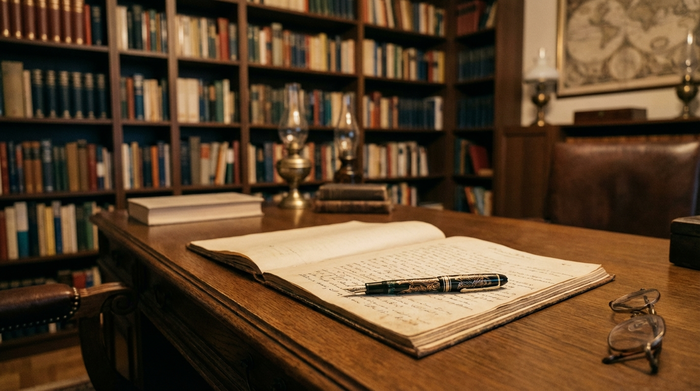 Ein seriöses, aufgeräumtes Arbeitszimmer mit einem hölzernen Schreibtisch. Darauf liegt ein aufgeschlagenes Dokument neben einem edlen Füllfederhalter und einer Lesebrille. Im Hintergrund unscharfe Bücherregale. Die Stimmung ist konzentriert, ruhig und wichtig.