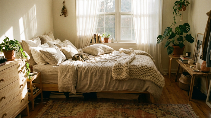 Ein helles, freundliches Schlafzimmer in einem privaten Zuhause. Ein gemütliches Bett mit weichen Kissen und einer warmen Decke. Sonnenlicht scheint durch weiße Vorhänge. Eine friedliche und vertraute Umgebung, ideal für Ruhe und Entspannung.