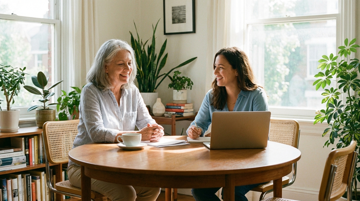 Eine entspannte ältere Frau im Gespräch mit einer freundlichen Beraterin an einem runden Tisch in einem hellen Raum. Beide lächeln leicht, eine Tasse Kaffee steht auf dem Tisch. Die Atmosphäre ist erleichtert, positiv und informativ.