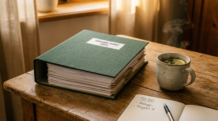 Ein ordentlich sortierter Aktenordner auf einem Holztisch, daneben eine dampfende Tasse Kräutertee und ein kleiner Notizblock. Ein weiches Licht fällt auf den Tisch und vermittelt ein Gefühl von Ordnung, Vorbereitung und Sicherheit.