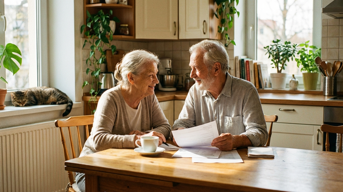 Ein älteres Ehepaar sitzt gemeinsam am Küchentisch in einer gemütlichen, sonnendurchfluteten Wohnung. Sie schauen sich liebevoll an, während sie bei einer Tasse Kaffee wichtige Papiere besprechen. Entspannte, vertrauensvolle Stimmung, authentische Alltagsszene ohne sichtbaren Text.