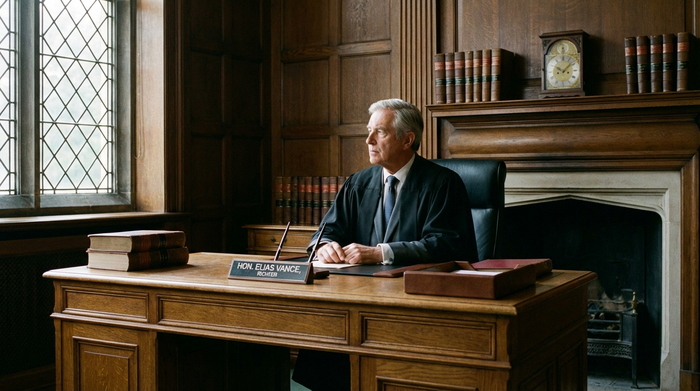 Ein seriöser Richter oder Betreuer in einem gepflegten, holzgetäfelten Büro. Er sitzt an einem aufgeräumten Schreibtisch und blickt nachdenklich aus dem Fenster. Ruhige, formelle Atmosphäre, professionelles Umfeld.