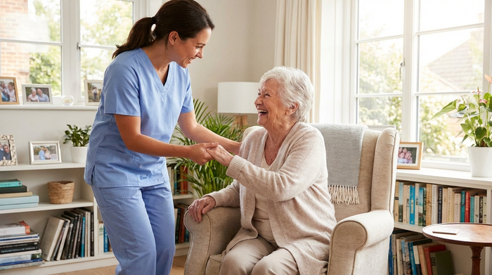 Eine freundliche, professionelle Pflegekraft in hellblauer Dienstkleidung hilft einer lächelnden älteren Dame beim Aufstehen aus einem bequemen Sessel im heimischen Wohnzimmer. Helle, saubere Umgebung, liebevolle und unterstützende Interaktion.