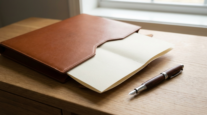 Ein moderner, aufgeräumter Schreibtisch mit einer eleganten Ledermappe, aus der ein ordentlich gefaltetes, unbeschriebenes Dokument auf hochwertigem Papier ragt. Daneben liegt ein edler Füllfederhalter. Sanftes Licht, fokussierte Detailaufnahme.