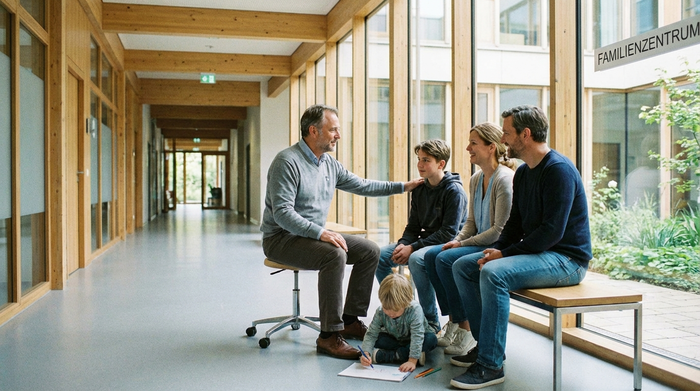 Ein empathischer Arzt mittleren Alters im Gespräch mit einer Familie auf dem hellen Krankenhausflur. Der Arzt strahlt Ruhe und Kompetenz aus, die Familie wirkt erleichtert und gut informiert. Moderne Klinikarchitektur im Hintergrund.