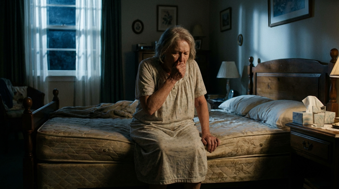 Eine ältere Frau sitzt nachts im Schlafzimmer auf der Bettkante und hält sich erschöpft die Hand vor den Mund, um einen Hustenreiz zu lindern. Sanftes Mondlicht, realistische und emotionale Szene, keine Schrift.