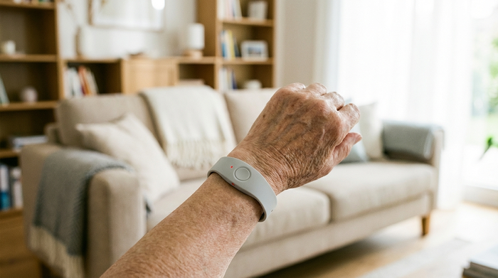 Ein modernes Hausnotruf-Armband am Handgelenk einer älteren Person. Im unscharfen Hintergrund ein helles, aufgeräumtes Wohnzimmer mit gemütlichen Möbeln. Realistische Fotografie, saubere Umgebung, keine Buchstaben oder Zahlen im Bild.