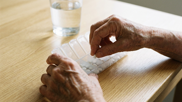 Nahaufnahme der Hände einer fürsorglichen Pflegekraft, die weiße Tabletten in eine praktische Medikamentenbox einsortiert. Ein Glas Wasser steht auf einem hellen Holztisch im Hintergrund. Klare, strukturierte Szene ohne lesbaren Text.