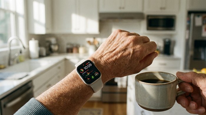 Eine moderne, unauffällige Smartwatch an einem Handgelenk eines älteren Menschen, der eine Kaffeetasse hält. Helle Küche im Hintergrund, sanftes Morgenlicht, realistische und detailreiche Nahaufnahme.