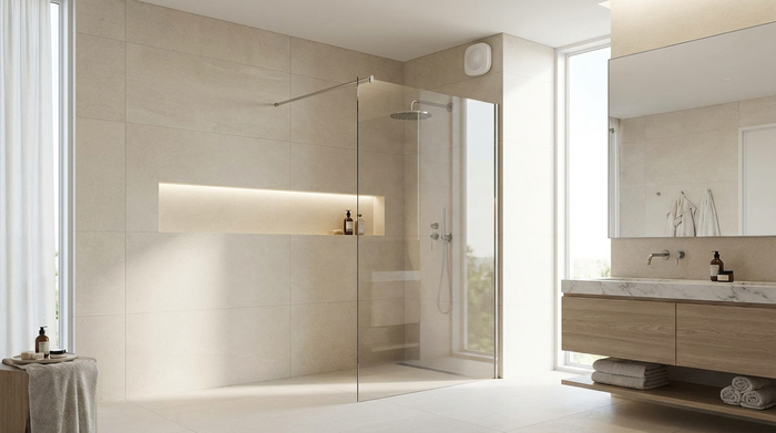 Ein modernes, sauberes Badezimmer mit begehbarer Dusche und hellen Fliesen. Oben in der Ecke an der Wand ist ein eleganter, weißer Radarsensor dezent angebracht. Ruhige und sichere Umgebung, fotorealistisch.