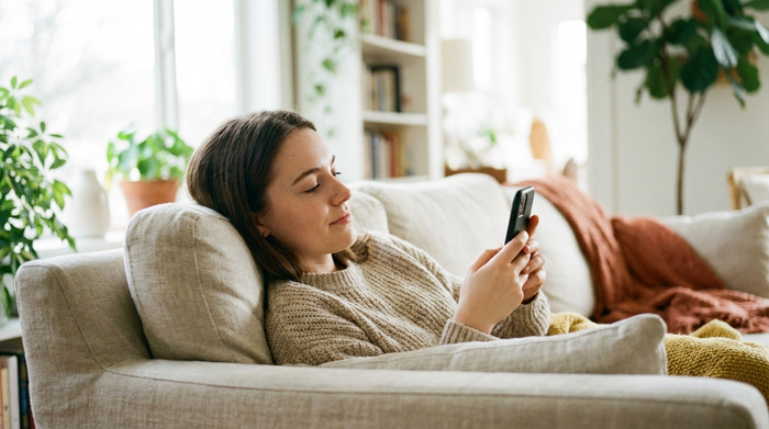 Eine jüngere Frau schaut beruhigt auf ihr Smartphone, während sie auf einem gemütlichen Sofa sitzt. Im Hintergrund unscharf ein helles Wohnzimmer. Entspannter Gesichtsausdruck, natürliche Beleuchtung.