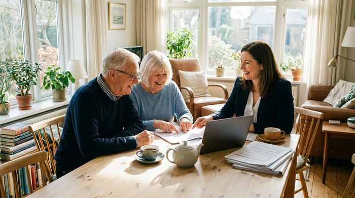 Ein älteres Ehepaar sitzt gemeinsam mit einer Beraterin an einem hellen Holztisch und bespricht Dokumente. Freundliche Atmosphäre, Kaffeetassen auf dem Tisch, lichtdurchfluteter Raum.