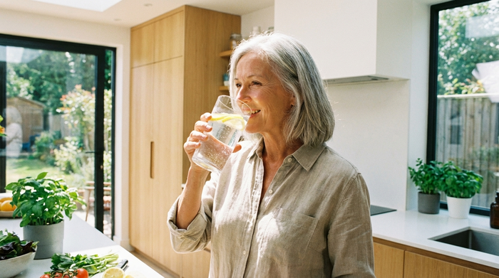 Eine rüstige Seniorin trinkt ein großes Glas Wasser in einer hellen, modernen Küche. Fokus auf die frische, gesunde Ausstrahlung und das klare Wasser im Sonnenlicht.