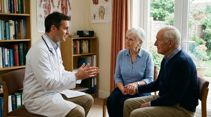 Ein fürsorglicher Arzt in weißem Kittel sitzt einem älteren Ehepaar im Behandlungszimmer gegenüber und erklärt mit ruhigen Handgesten gesundheitliche Zusammenhänge.