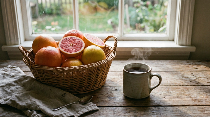 Ein Korb mit frischen Grapefruits und eine dampfende Tasse schwarzer Tee stehen auf einem rustikalen Holztisch, beleuchtet von weichem Morgenlicht.