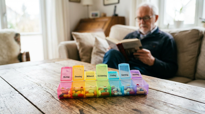 Eine ordentliche, farbenfrohe wöchentliche Tablettenbox liegt auf einem Holztisch. Im unscharfen Hintergrund liest ein Senior entspannt ein Buch auf dem Sofa.