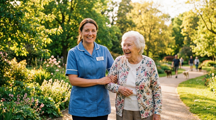 Eine freundliche Pflegekraft stützt liebevoll den Arm einer älteren Dame beim gemeinsamen, entspannten Spaziergang in einem sonnigen, grünen Park.