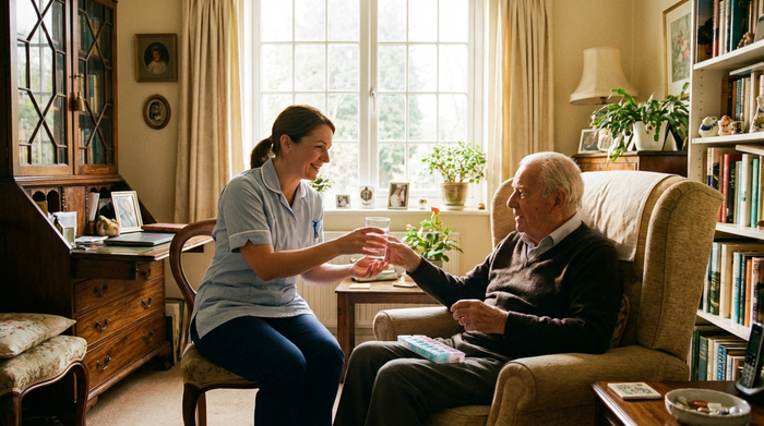 Eine fürsorgliche Pflegekraft reicht einem älteren Herrn ein Glas stilles Wasser zu seinen Tabletten in einem gemütlichen, sonnendurchfluteten Wohnzimmer.