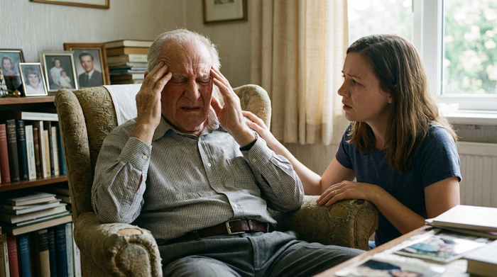 Ein älterer Mann sitzt erschöpft auf einem Sessel und reibt sich schmerzverzerrt die Schläfen, während seine besorgte Tochter sanft seine Schulter berührt.