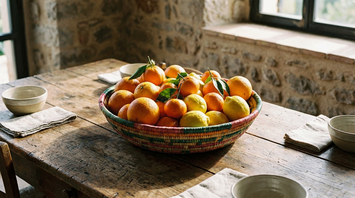 Ein bunter Obstkorb gefüllt mit süßen Orangen, Mandarinen und Zitronen auf einem rustikalen Esstisch, ganz ohne Grapefruits oder Pomelos.