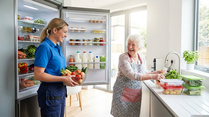 Eine freundliche, professionelle Betreuungskraft räumt gemeinsam mit einer Seniorin den Kühlschrank auf und sortiert frische Lebensmittel in einer modernen hellen Küche.