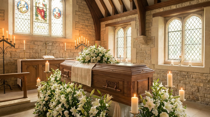 Ein eleganter, handgefertigter Holzsarg, umgeben von weißen Lilien und sanftem Kerzenschein in einer würdevollen, hellen Kapelle. Friedliche und respektvolle Stimmung, weiches Licht.