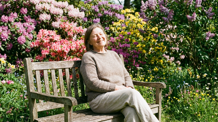 Eine ältere, lächelnde Frau sitzt entspannt auf einer Holzbank im Grünen und genießt die warme Frühlingssonne. Sie wirkt völlig sorglos und zufrieden, im Hintergrund blühen bunte Sträucher.