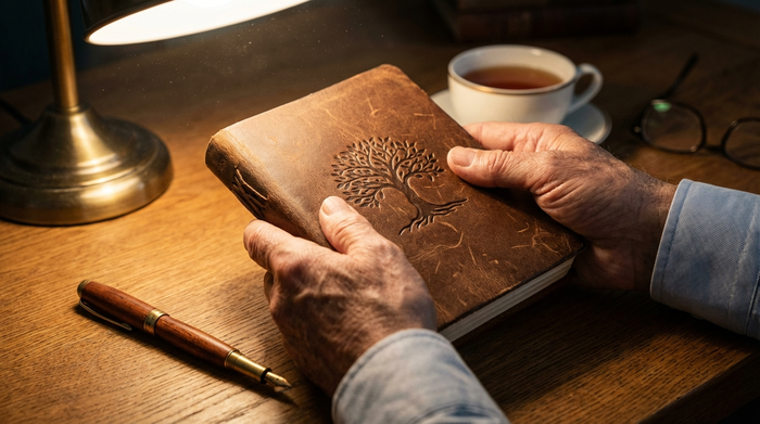 Eine Nahaufnahme von zwei Händen, die behutsam ein edles, ledergebundenes Notizbuch halten. Daneben liegt ein eleganter Füllfederhalter auf einem aufgeräumten, hölzernen Schreibtisch im warmen Licht.